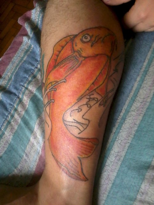 Orange Carp Fish Tattoo On Back Leg